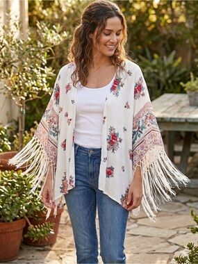 Fringed Floral Open-Front Kimono - Cream with Red Floral - NWOT